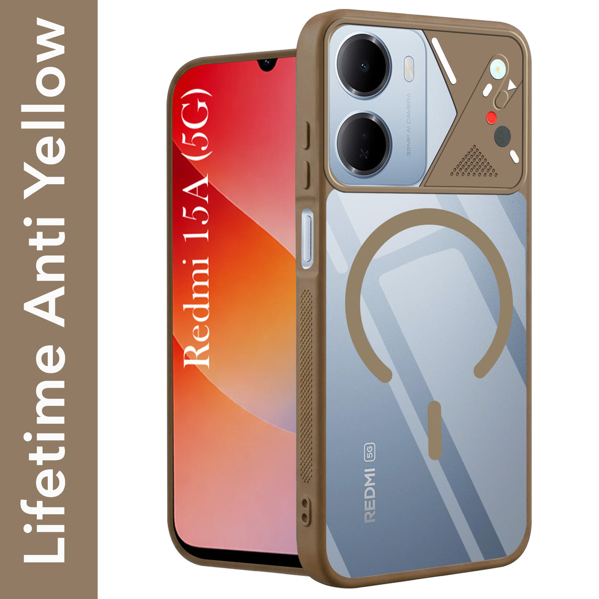 For Redmi 15A 5G Back Cover Case Lifetime Anti-Yellow Clear (Camera Protection | Side Grip | Wireless MagSafe Compatible)