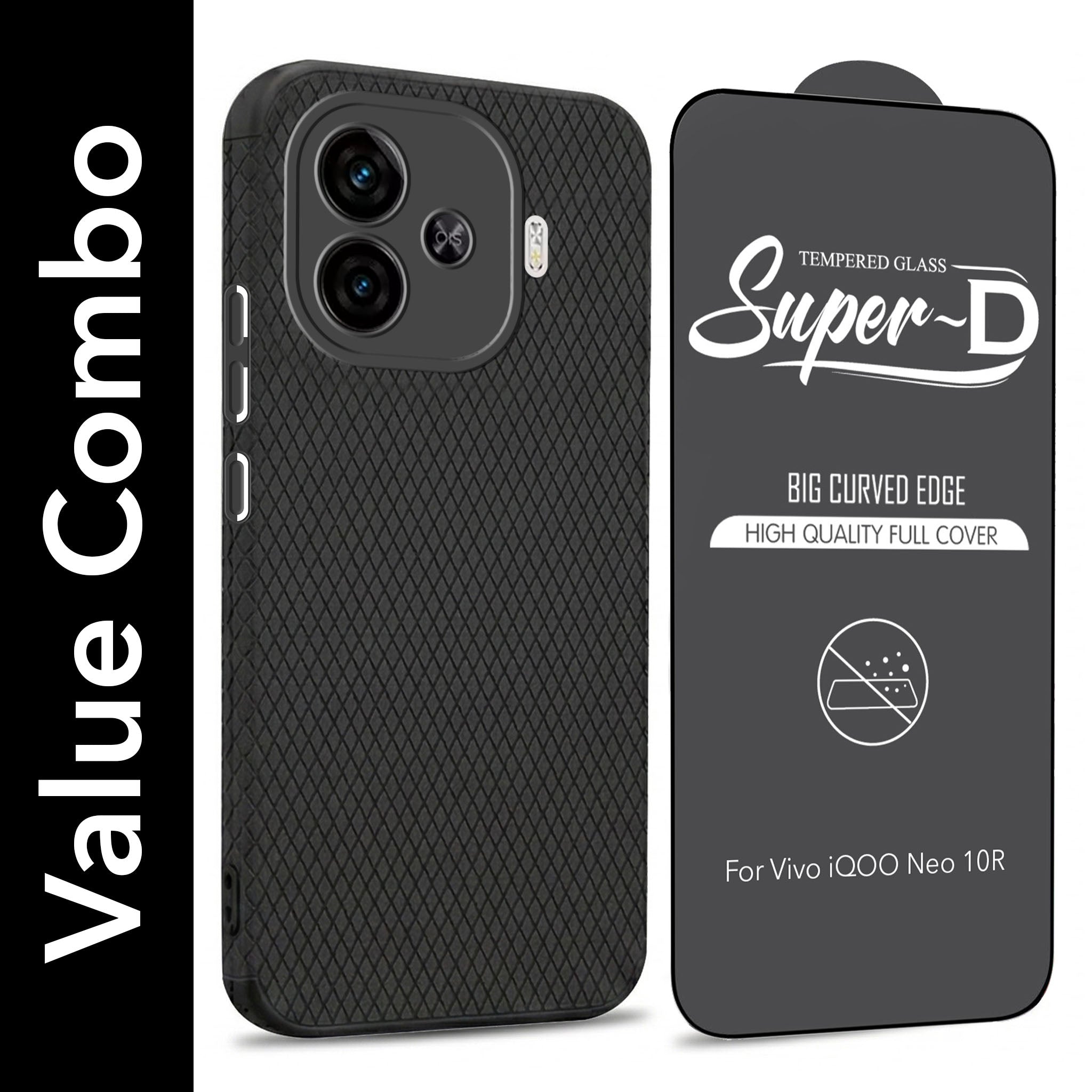 For Vivo iQOO Neo 10R Combo with Back Cover and 9H Tempered Glass (Liquid Silicone | Camera Protection | Oleophobic Coating Screen Glass)
