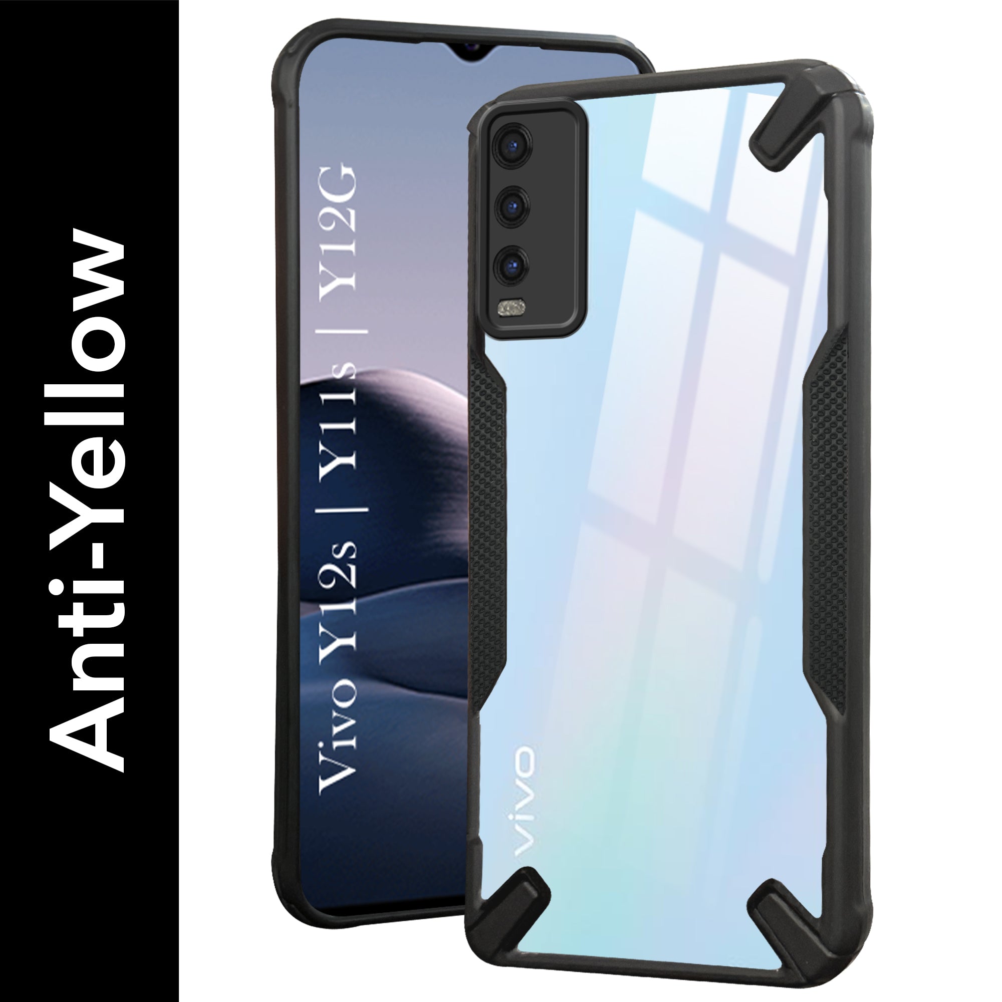 For Vivo Y12s | Y11s | Y12G Back Cover Case (Hybrid Crystal | Ultimate Shockproof Bumpers | Anti Yellow | Rugged Armor | Black )