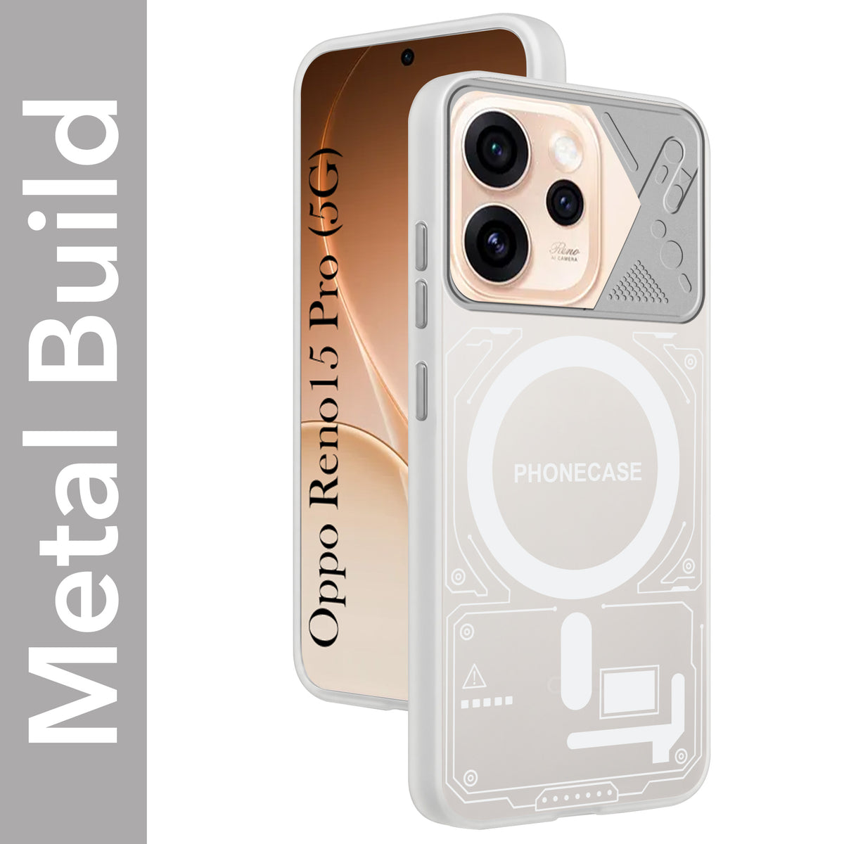 For Oppo Reno15 Pro 5G | Oppo Reno 15 Pro 5G Metallic Back Cover Case (Metallic Camera Protection & Buttons | Translucent Milky Shade | Hard Polycarbonate)