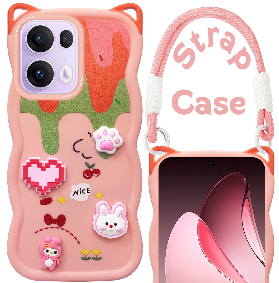 For Oppo Reno13 Pro 5G | Oppo Reno 13 Pro 5G Back Case Cover Strap (3D embossed Figures | Strap Holder | 360* Soft Cushion with Camera Bump)