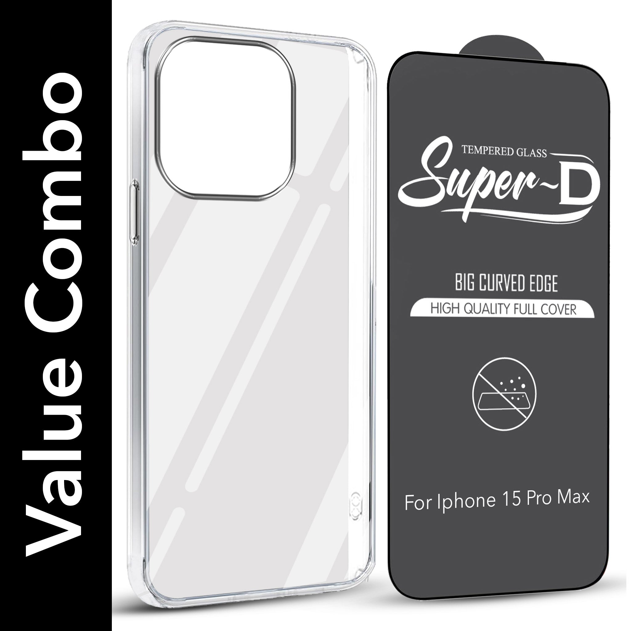 For Apple iPhone 15 Pro Max Combo with Back Cover and 9H Tempered Glass (Lifetime Anti-Yellow | Sleek Hard Crystal | Oleophobic Coating Screen Glass)
