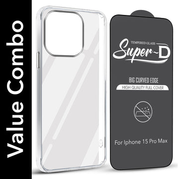 For Apple iPhone 15 Pro Max Combo with Back Cover and 9H Tempered Glass (Lifetime Anti-Yellow | Sleek Hard Crystal | Oleophobic Coating Screen Glass)