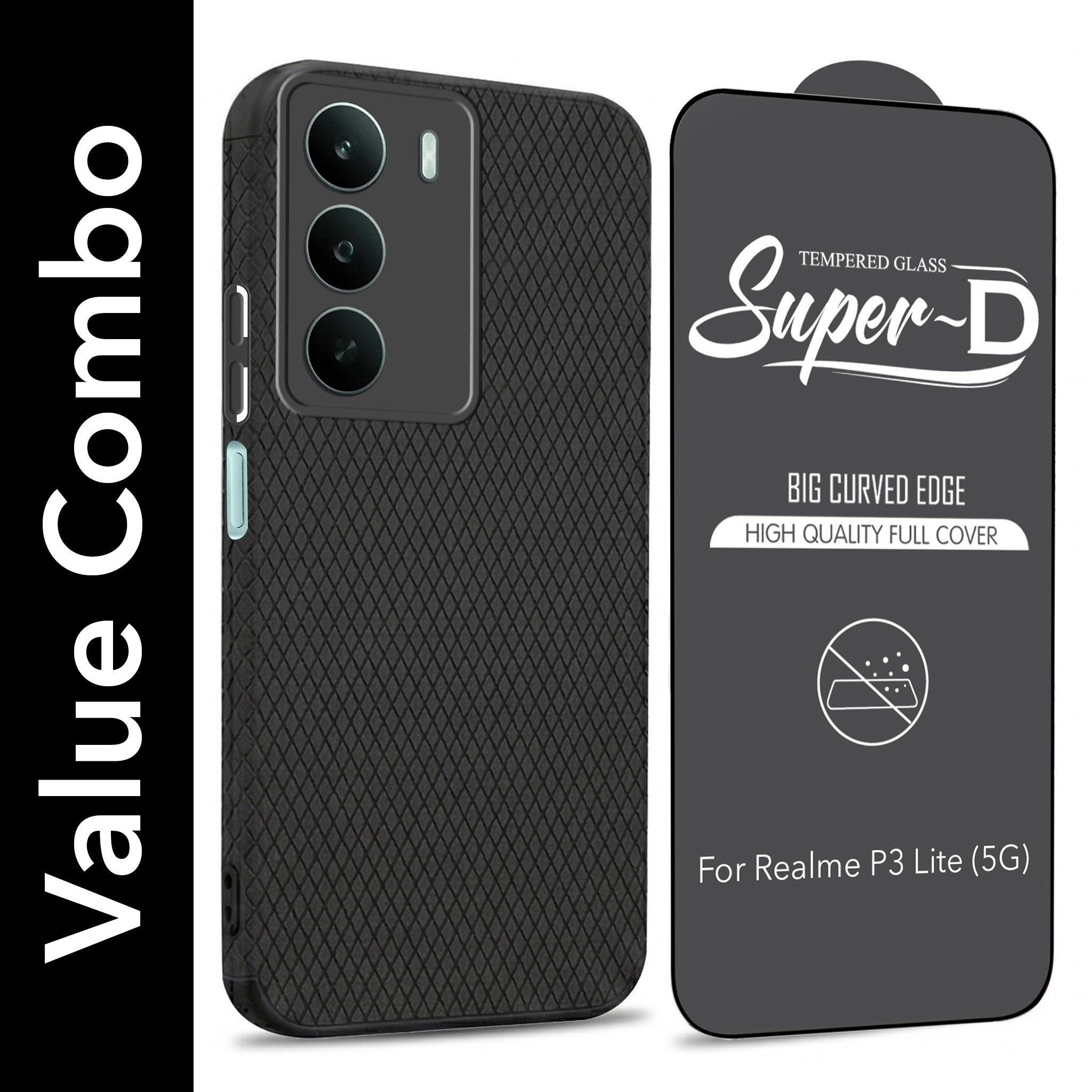 For Realme P3 Lite Combo with Back Cover and 9H Tempered Glass (Liquid Silicone | Camera Protection | Oleophobic Coating Screen Glass)