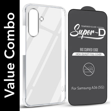 For Samsung Galaxy A36 5G Combo with Back Cover and 9H Tempered Glass (Lifetime Anti-Yellow | Sleek Hard Crystal | Oleophobic Coating Screen Glass)