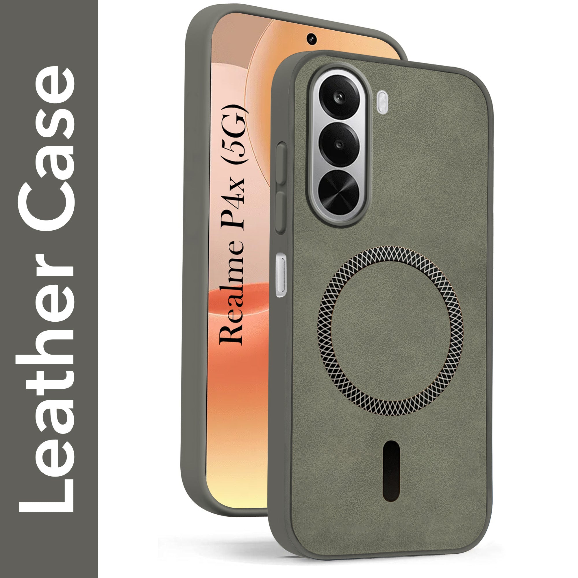 For Realme P4x Back Cover Case Leather Finish (MagSafe Compatible Wireless Charging | Soft Touch | Camera Bump Protection)