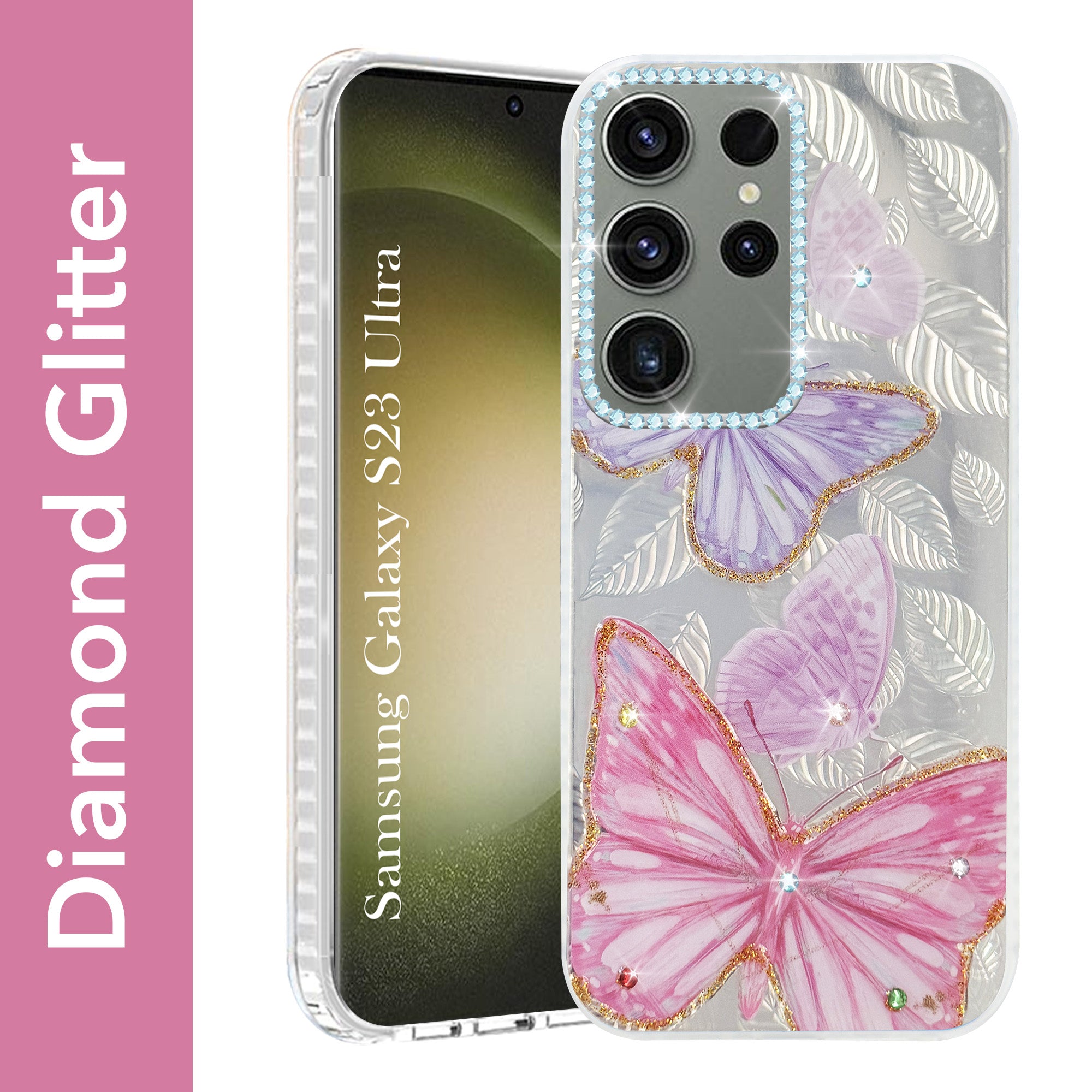 For Samsung Galaxy S23 Ultra Back Cover Case (Luxury Floral Glitter Cute Butterfly | Diamond Studded Camera Bump | Girls & Women Design)