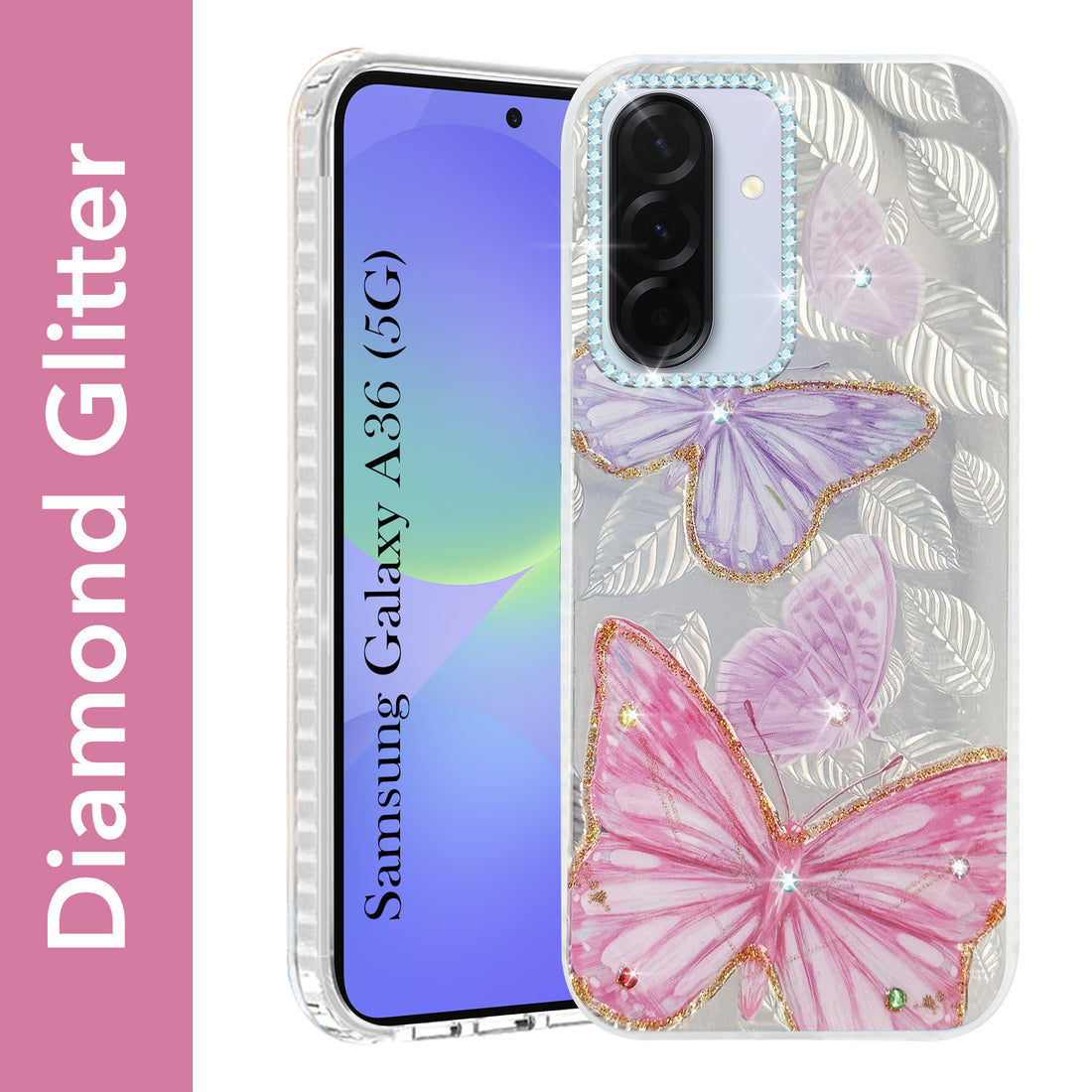 For Samsung Galaxy A36 5G Back Cover Case (Luxury Floral Glitter Cute Butterfly | Diamond Studded Camera Bump | Girls & Women Design)