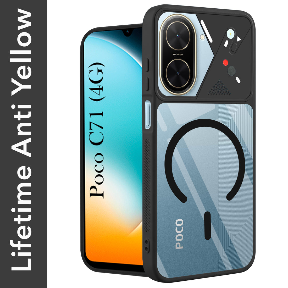 For Poco C71 Back Cover Case Lifetime Anti-Yellow Clear (Camera Protection | Side Grip | Wireless MagSafe Compatible)