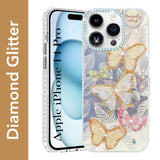 For Apple iPhone 14 Pro Back Cover Case (Luxury Floral Glitter Cute Butterfly | Diamond Studded Camera Bump | Girls & Women Design)