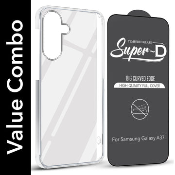 For Samsung Galaxy A37 5G Combo with Back Cover and 9H Tempered Glass (Lifetime Anti-Yellow | Sleek Hard Crystal | Oleophobic Coating Screen Glass)