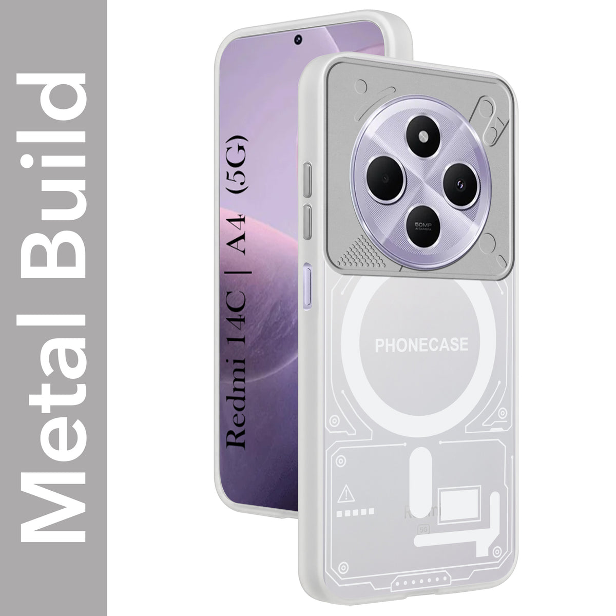 For Redmi A4 5G | Xiaomi Redmi 14C Metallic Back Cover Case (Metallic Camera Protection & Buttons | Translucent Milky Shade | Hard Polycarbonate)
