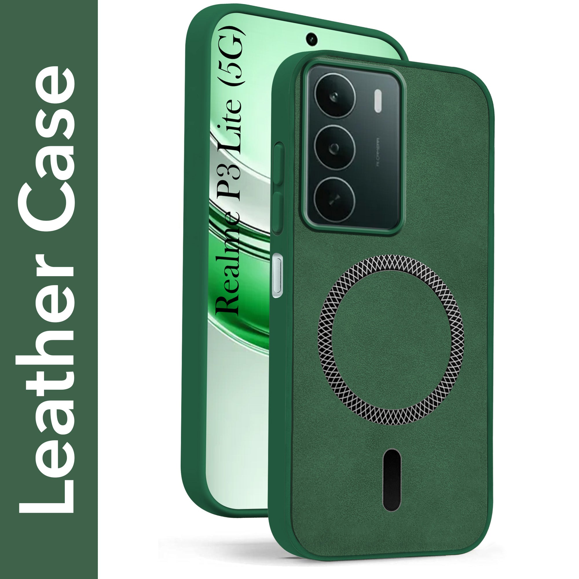 For Realme P3 lite Back Cover Case Leather Finish (MagSafe Compatible Wireless Charging | Soft Touch | Camera Bump Protection)