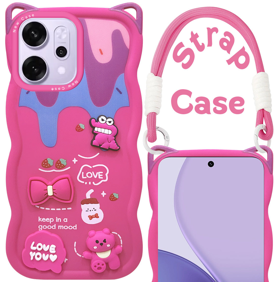 For Oppo Reno14 Pro 5G | Oppo Reno 14 Pro 5G Back Case Cover Strap (3D embossed Figures | Strap Holder | 360* Soft Cushion with Camera Bump)