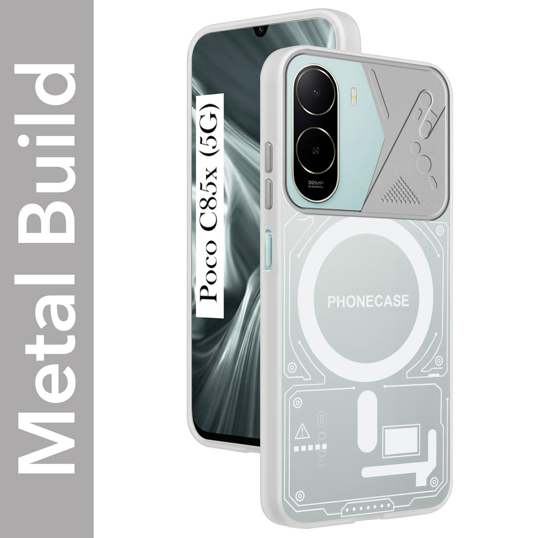 For Poco C85x 5G Metallic Back Cover Case (Metallic Camera Protection & Buttons | Translucent Milky Shade | Hard Polycarbonate)