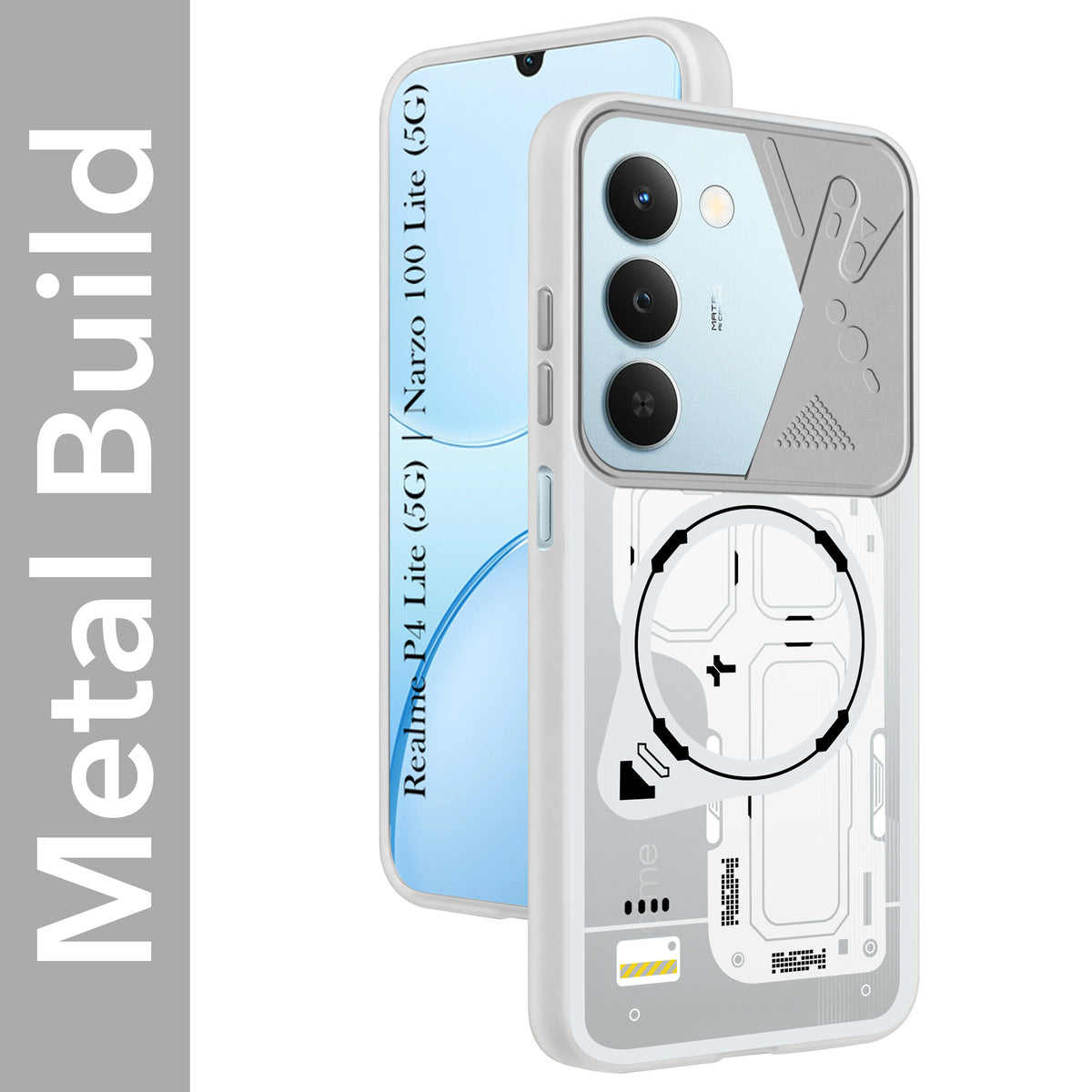 For Realme P4 Lite 5G | Narzo 100 Lite 5G Metallic Back Cover Case (Metallic Camera Protection & Buttons | Translucent Milky Shade | Hard Polycarbonate)