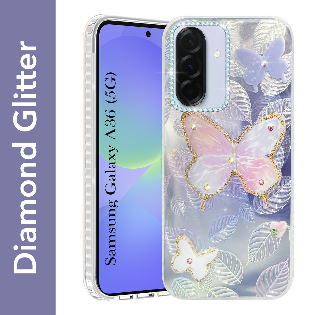 For Samsung Galaxy A36 5G Back Cover Case (Luxury Floral Glitter Cute Butterfly | Diamond Studded Camera Bump | Girls & Women Design)