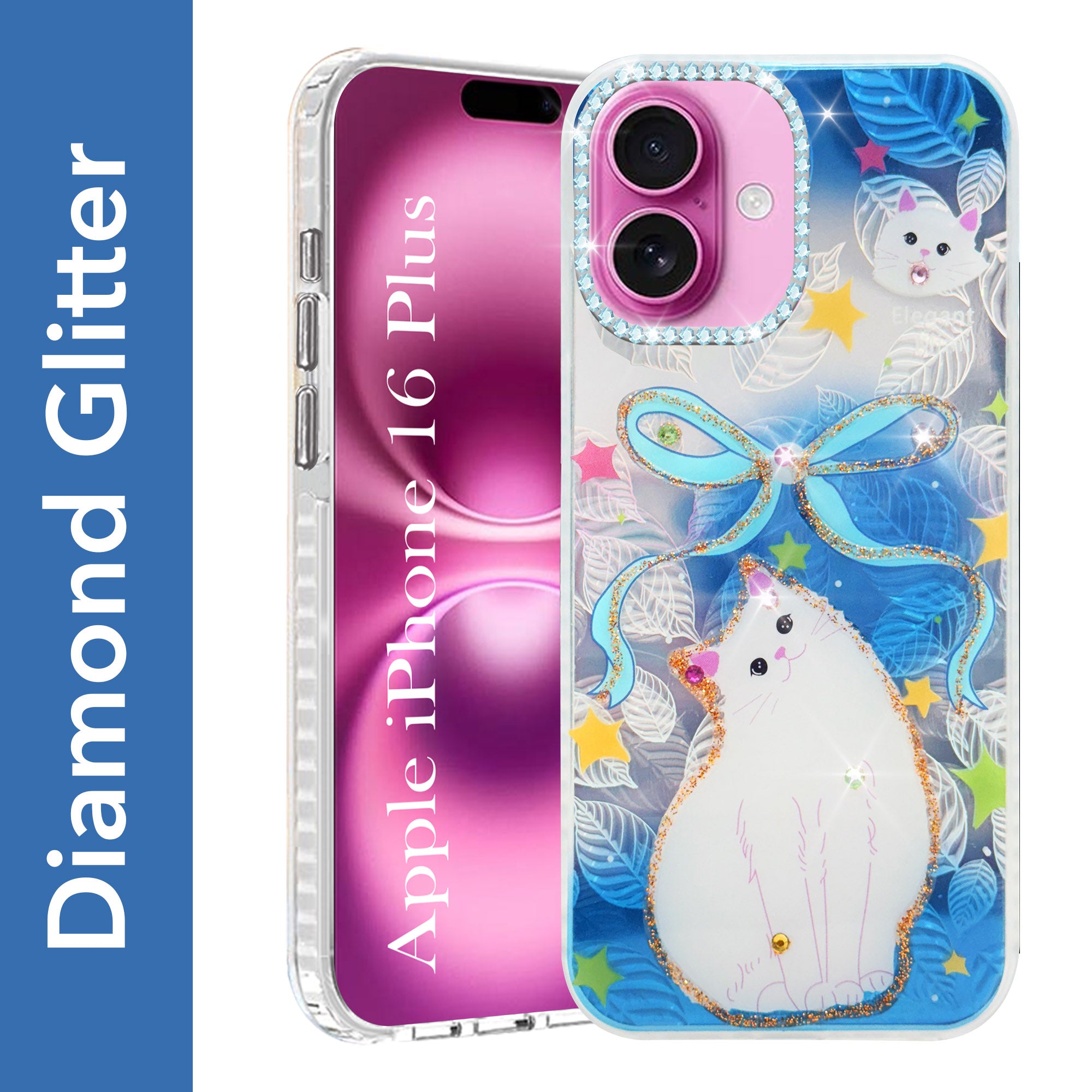 For Apple iPhone 16 Plus Back Cover Case (Luxury Floral Glitter Cute Butterfly | Diamond Studded Camera Bump | Girls & Women Design)