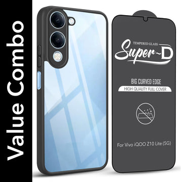 For Vivo iQOO Z10 Lite Combo with Back Cover and 9H Tempered Glass (Lifetime Anti-Yellow | Crystal Clear Shockproof | Oleophobic Coating Screen Glass)