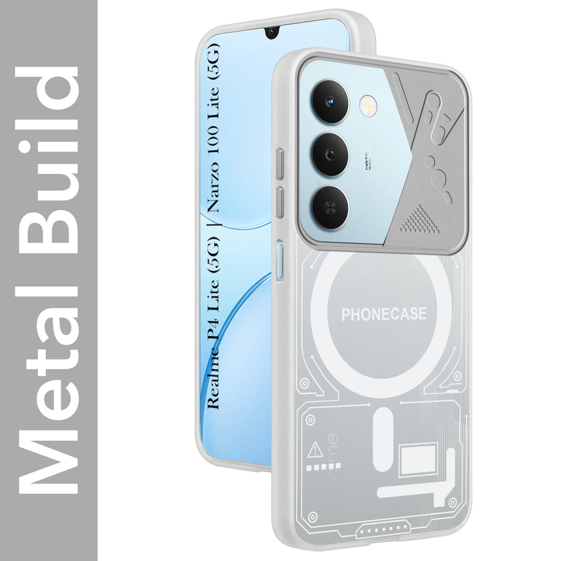For Realme P4 Lite 5G | Narzo 100 Lite 5G Metallic Back Cover Case (Metallic Camera Protection & Buttons | Translucent Milky Shade | Hard Polycarbonate)