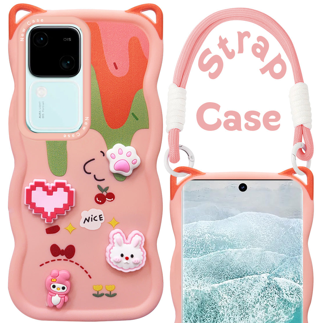 For Vivo V30 | Vivo V30 Pro 5G Back Case Cover Strap(3D embossed Figures | Strap Holder | 360* Soft Cushion with Camera Bump)