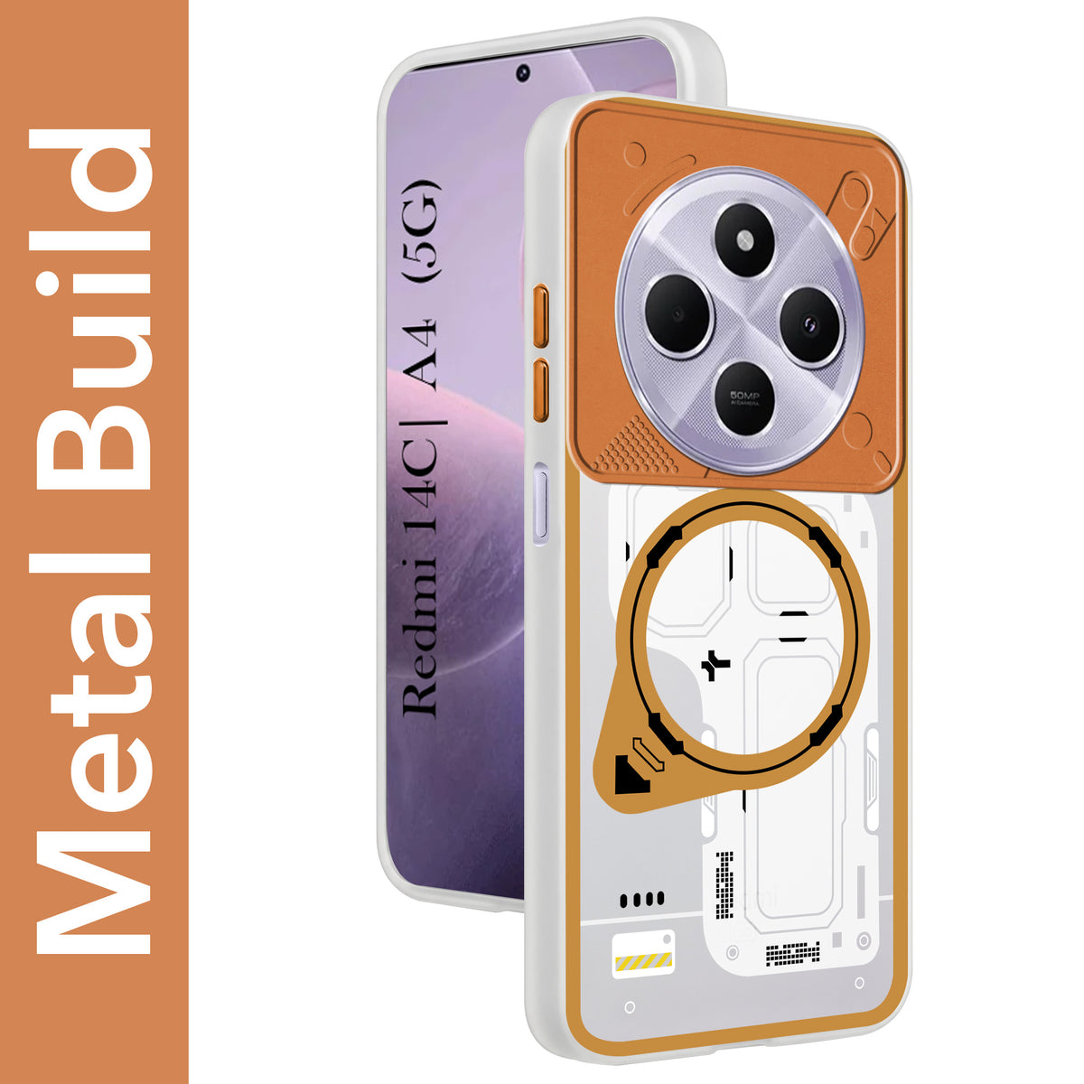 For Redmi A4 5G | Xiaomi Redmi 14C Metallic Back Cover Case (Metallic Camera Protection & Buttons | Translucent Milky Shade | Hard Polycarbonate)