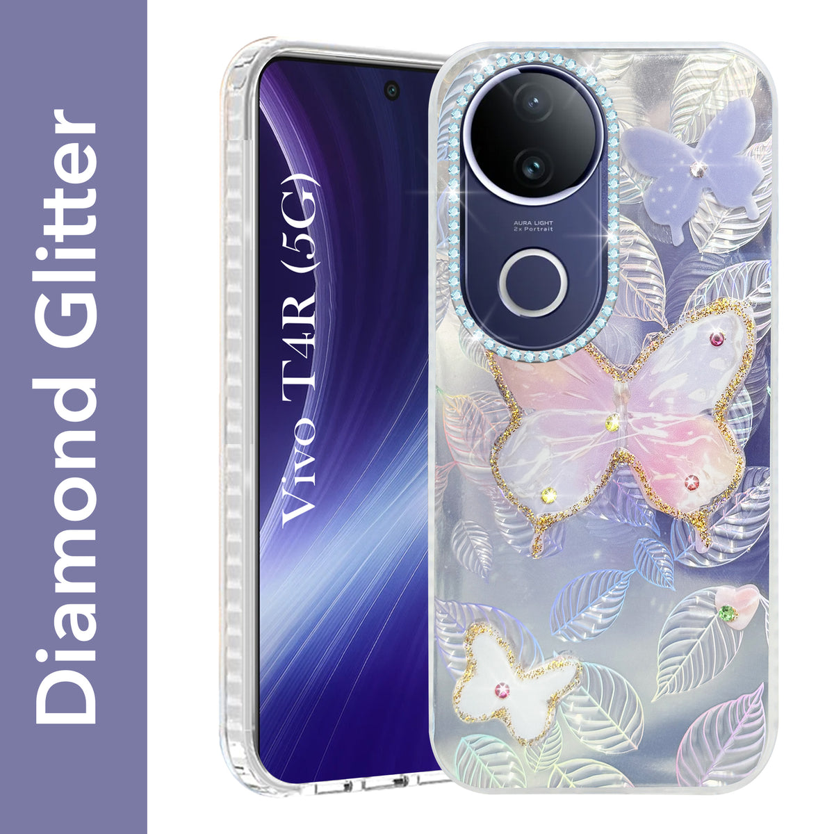 For Vivo T4R Back Cover Case (Luxury Floral Glitter Cute Butterfly | Diamond Studded Camera Bump | Girls & Women Design)