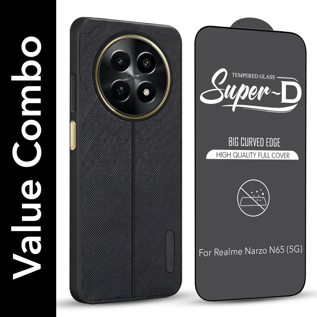For Realme Narzo N65 5G Combo with Back Cover and 9H Tempered Glass (Textured Grip Design | Micro-Fiber Cloth Inside | Oleophobic Coating Screen Glass)