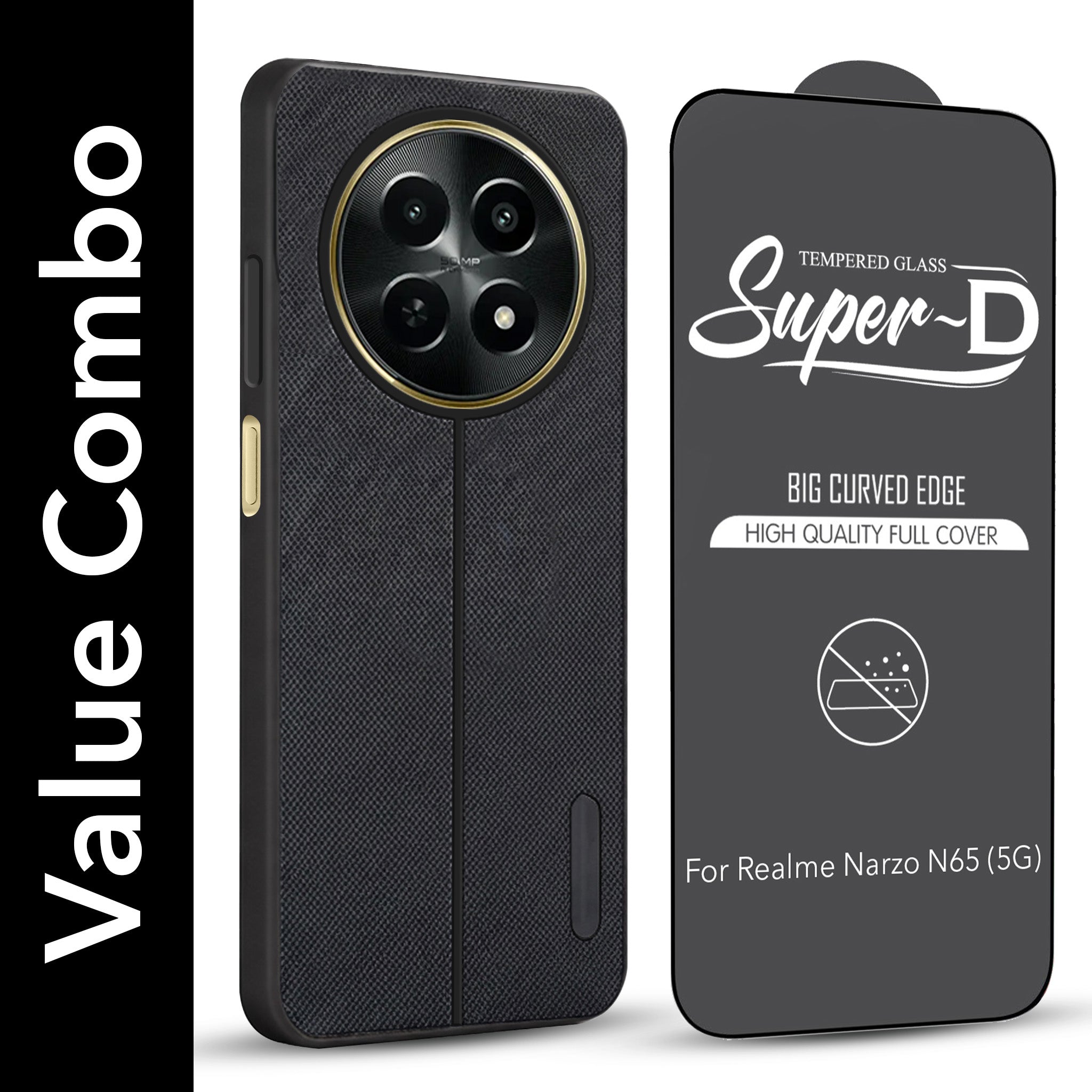 For Realme Narzo N65 5G Combo with Back Cover and 9H Tempered Glass (Textured Grip Design | Micro-Fiber Cloth Inside | Oleophobic Coating Screen Glass)