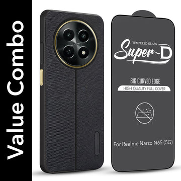 For Realme Narzo N65 5G Combo with Back Cover and 9H Tempered Glass (Textured Grip Design | Micro-Fiber Cloth Inside | Oleophobic Coating Screen Glass)