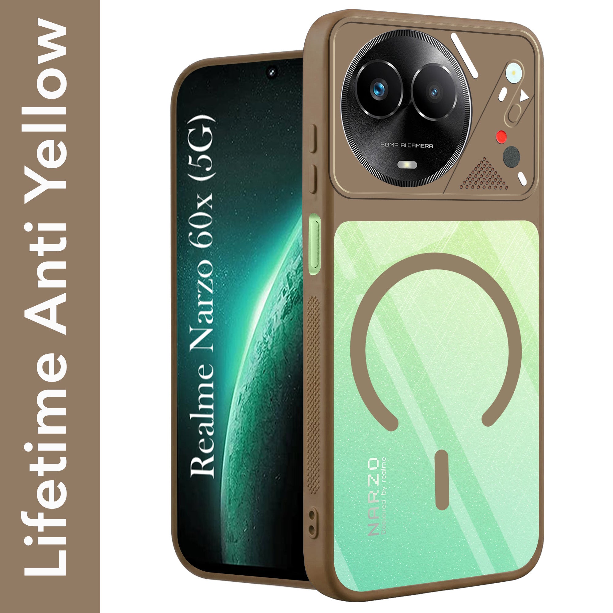 For Realme Narzo 60x Back Cover Case Lifetime Anti-Yellow Clear (Camera Protection | Side Grip | Wireless MagSafe Compatible)