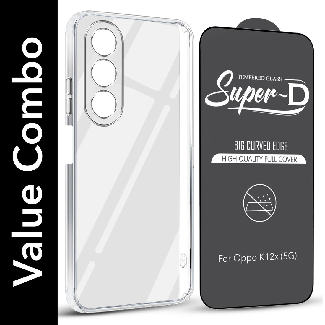 For Oppo K12x 5G Combo with Back Cover and 9H Tempered Glass (Lifetime Anti-Yellow | Sleek Hard Crystal | Oleophobic Coating Screen Glass)