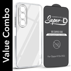 For Oppo K12x 5G Combo with Back Cover and 9H Tempered Glass (Lifetime Anti-Yellow | Sleek Hard Crystal | Oleophobic Coating Screen Glass)