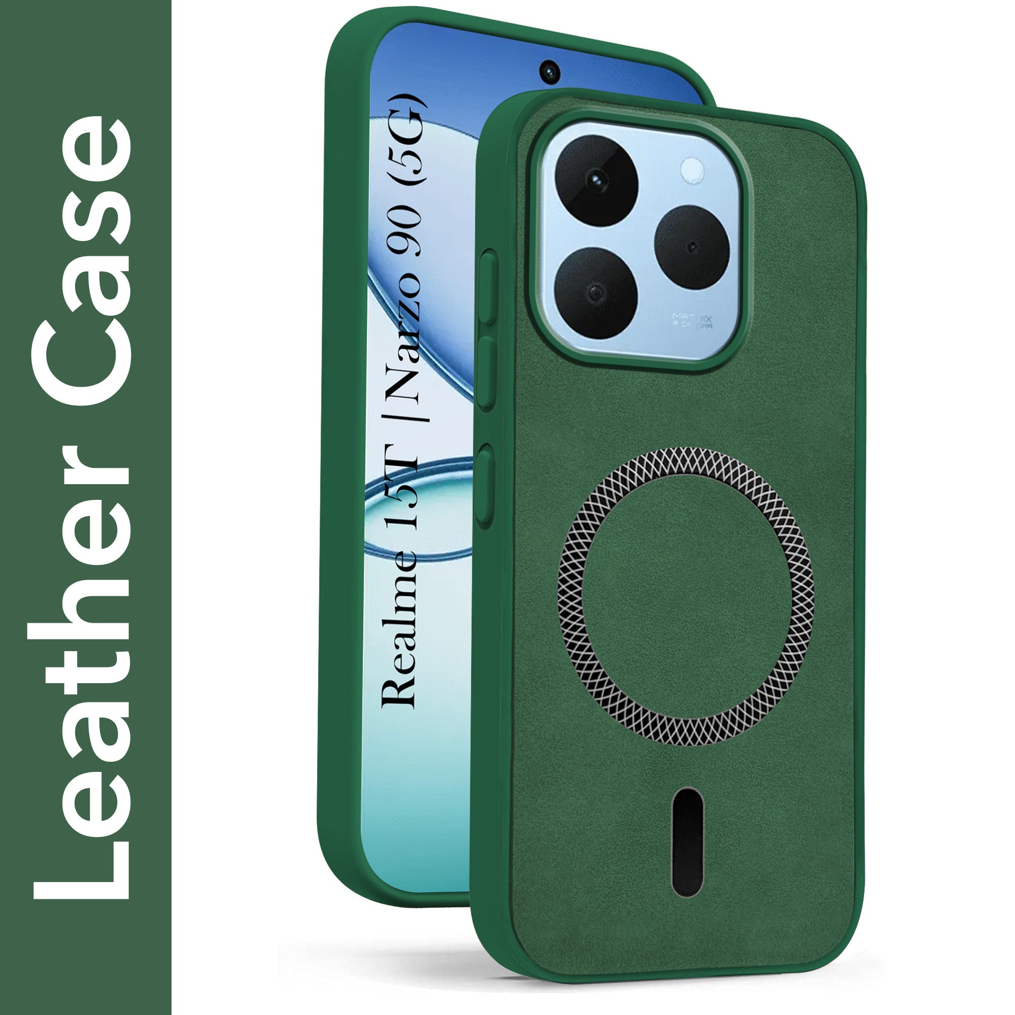 For Realme 15T | Realme Narzo 90 Back Cover Case Leather Finish (MagSafe Compatible Wireless Charging | Soft Touch | Camera Bump Protection)