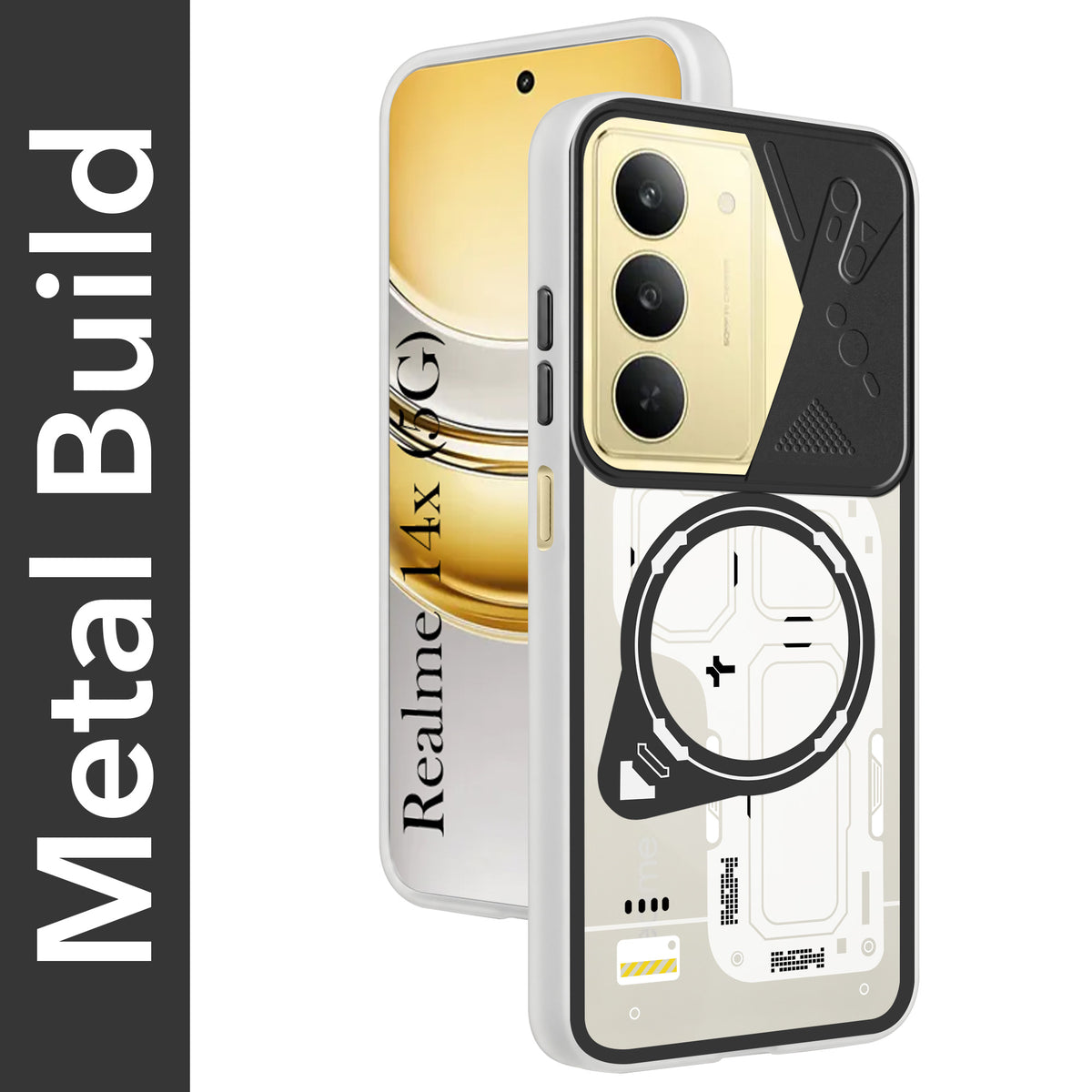 For Realme 14X Metallic Back Cover Case (Metallic Camera Protection & Buttons | Translucent Milky Shade | Hard Polycarbonate)
