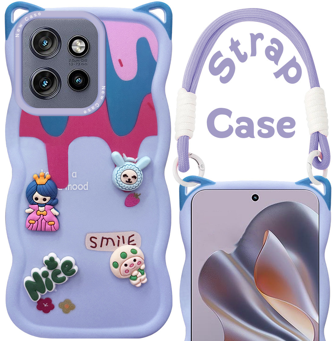 For Motorola Moto Edge 50 Neo Back Case Cover Strap (3D embossed Figures | Strap Holder | 360* Soft Cushion with Camera Bump)