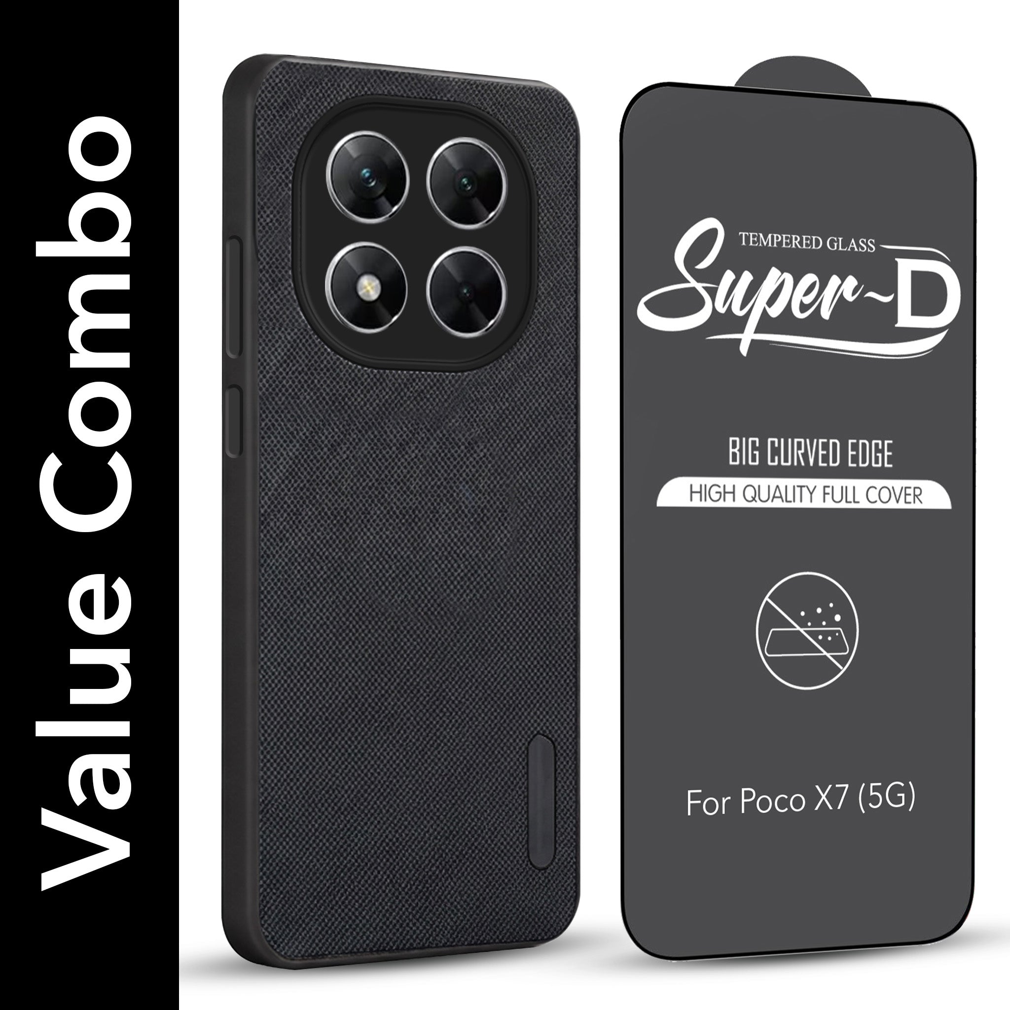 For Xiaomi Poco X7 Combo with Back Cover and 9H Tempered Glass (Textured Grip Design | Micro-Fiber Cloth Inside | Oleophobic Coating Screen Glass)