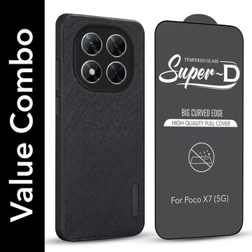 For Xiaomi Poco X7 Combo with Back Cover and 9H Tempered Glass (Textured Grip Design | Micro-Fiber Cloth Inside | Oleophobic Coating Screen Glass)