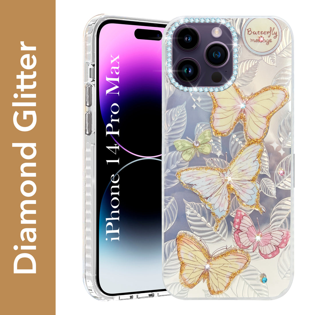 For Apple iPhone 14 Pro Max Back Cover Case (Luxury Floral Glitter Cute Butterfly | Diamond Studded Camera Bump | Girls & Women Design)
