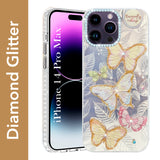 For Apple iPhone 14 Pro Max Back Cover Case (Luxury Floral Glitter Cute Butterfly | Diamond Studded Camera Bump | Girls & Women Design)