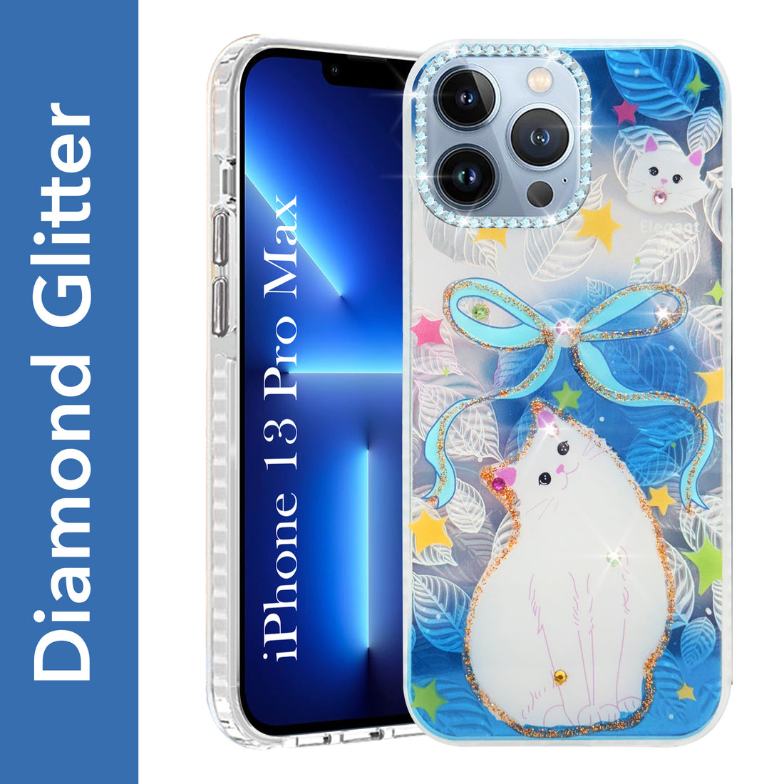For Apple iPhone 13 Pro Max Back Cover Case (Luxury Floral Glitter Cute Butterfly | Diamond Studded Camera Bump | Girls & Women Design)