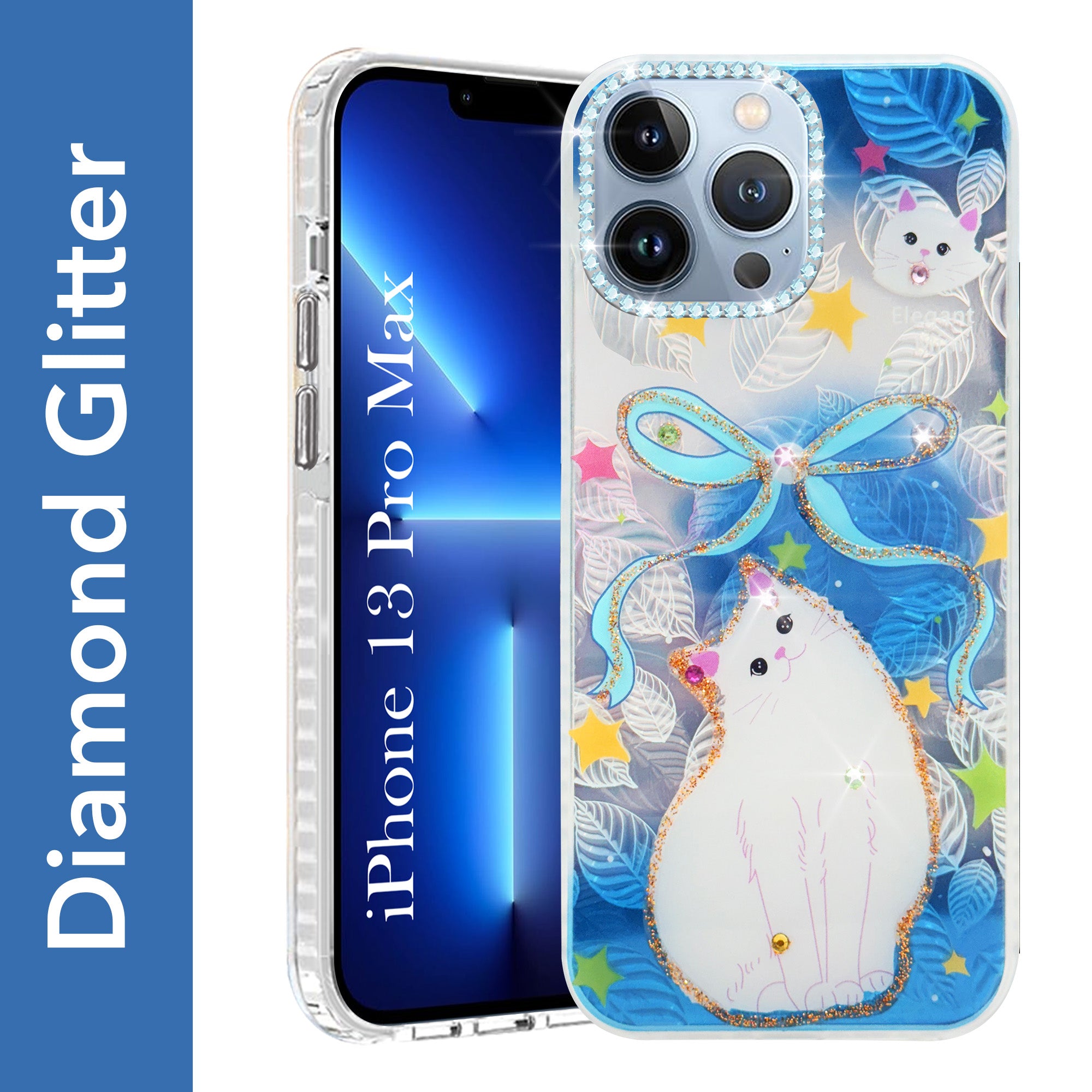 For Apple iPhone 13 Pro Max Back Cover Case (Luxury Floral Glitter Cute Butterfly | Diamond Studded Camera Bump | Girls & Women Design)
