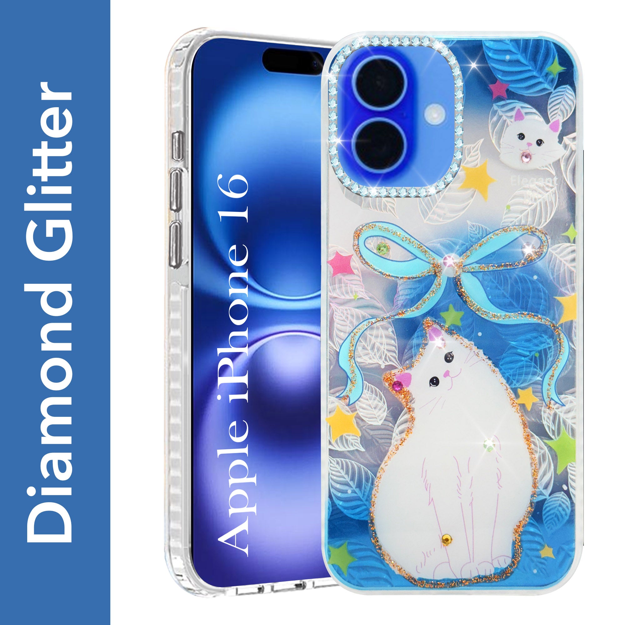 For Apple iPhone 16 Back Cover Case (Luxury Floral Glitter Cute Butterfly | Diamond Studded Camera Bump | Girls & Women Design)