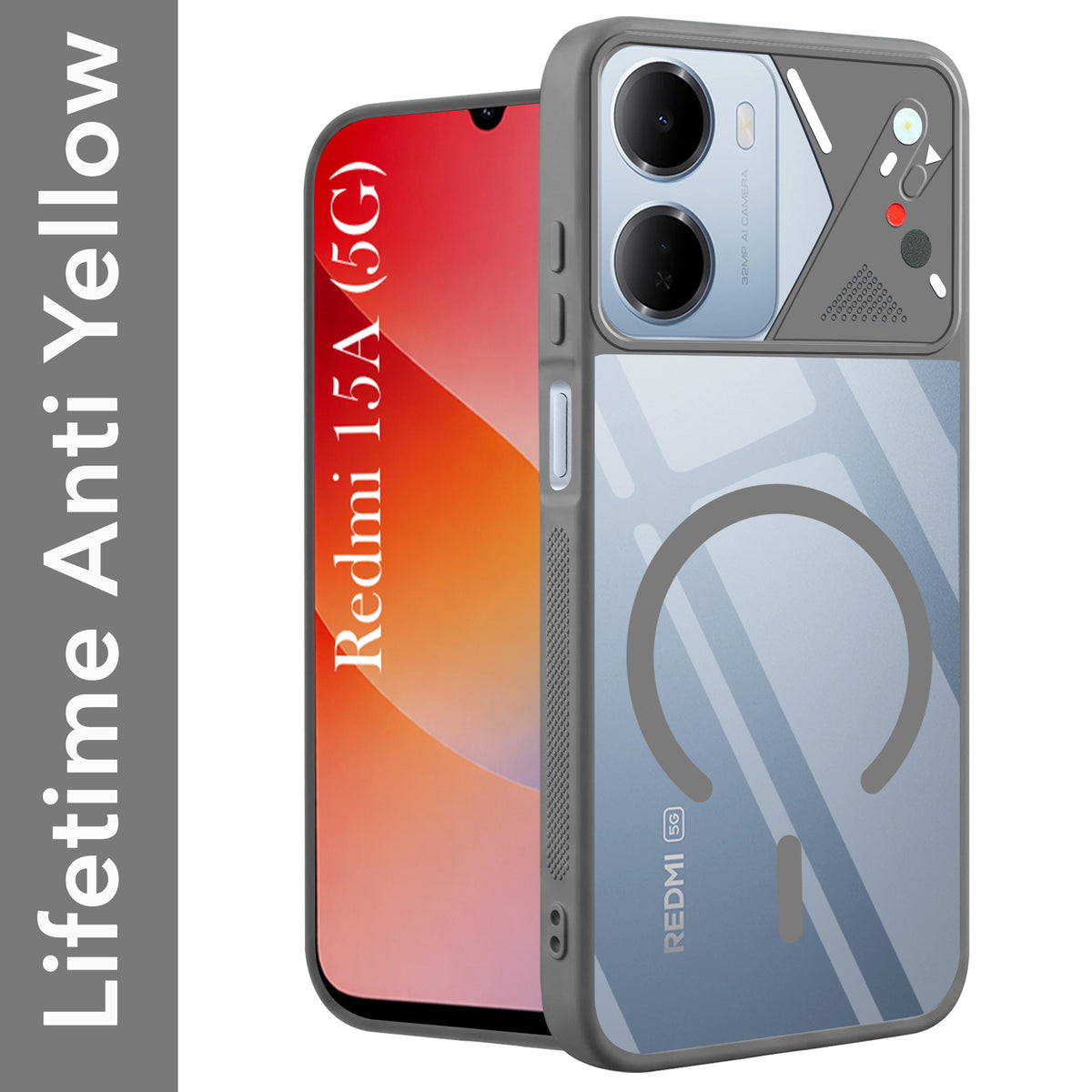 For Redmi 15A 5G Back Cover Case Lifetime Anti-Yellow Clear (Camera Protection | Side Grip | Wireless MagSafe Compatible)