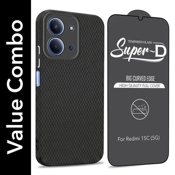 For Redmi 15C Combo with Back Cover and 9H Tempered Glass (Liquid Silicone | Camera Protection | Oleophobic Coating Screen Glass)