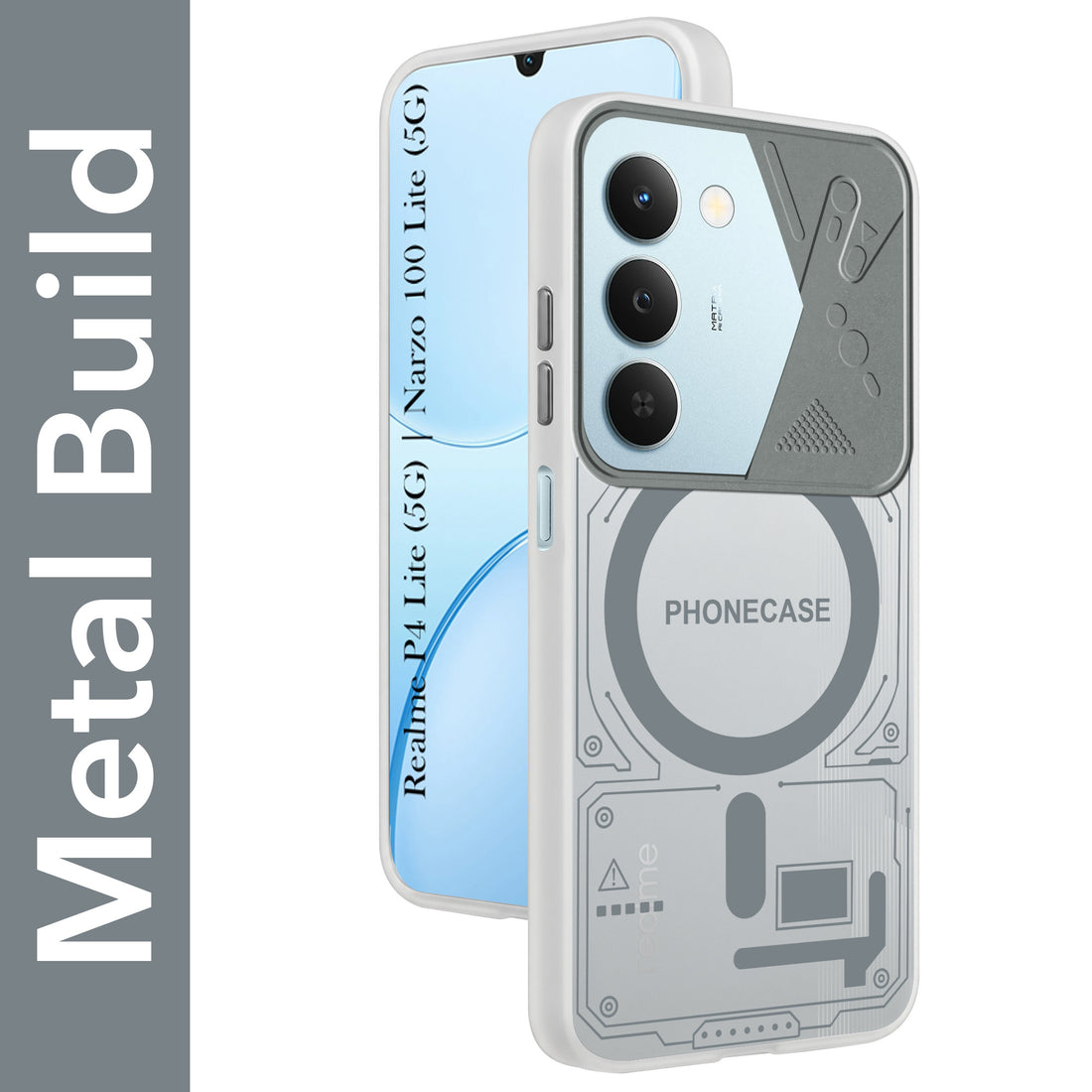 For Realme P4 Lite 5G | Narzo 100 Lite 5G Metallic Back Cover Case (Metallic Camera Protection & Buttons | Translucent Milky Shade | Hard Polycarbonate)