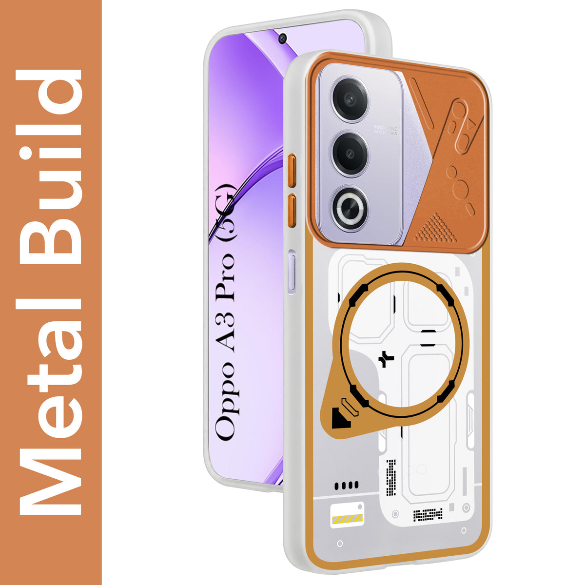 For Oppo A3 Pro 5G Metallic Back Cover Case (Metallic Camera Protection & Buttons | Translucent Milky Shade | Hard Polycarbonate)