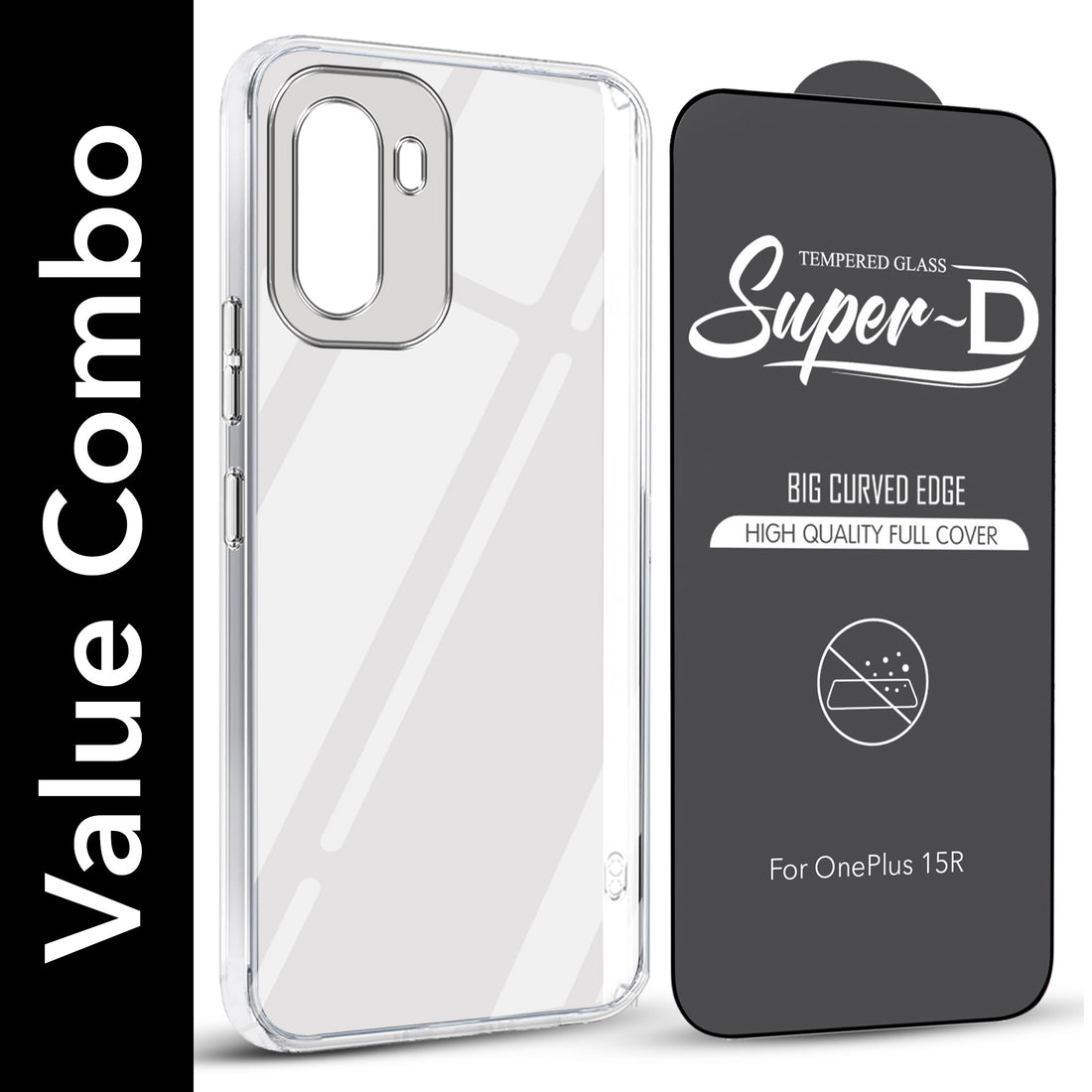 For OnePlus 15R Combo with Back Cover and 9H Tempered Glass (Lifetime Anti-Yellow | Sleek Hard Crystal | Oleophobic Coating Screen Glass)