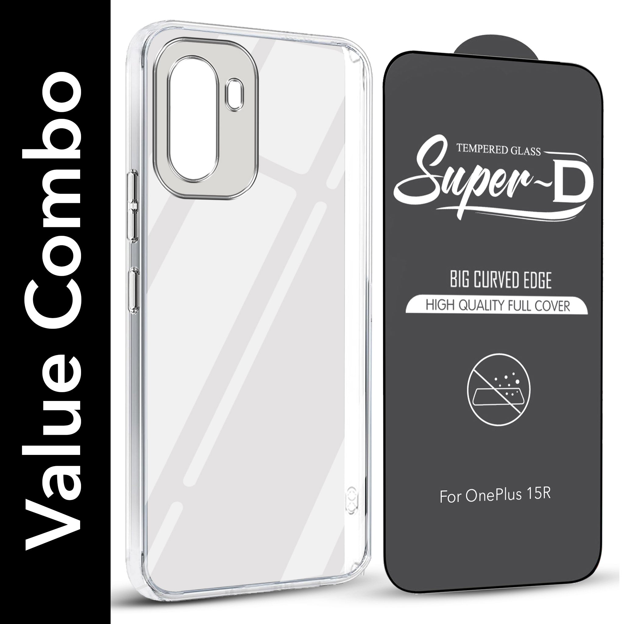 For OnePlus 15R Combo with Back Cover and 9H Tempered Glass (Lifetime Anti-Yellow | Sleek Hard Crystal | Oleophobic Coating Screen Glass)