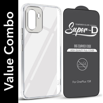 For OnePlus 15R Combo with Back Cover and 9H Tempered Glass (Lifetime Anti-Yellow | Sleek Hard Crystal | Oleophobic Coating Screen Glass)